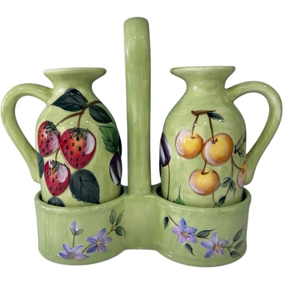 Claire Murray Gibson Fruit N'Berries Oil And Vinegar Cruet Bottle Set Green 8"